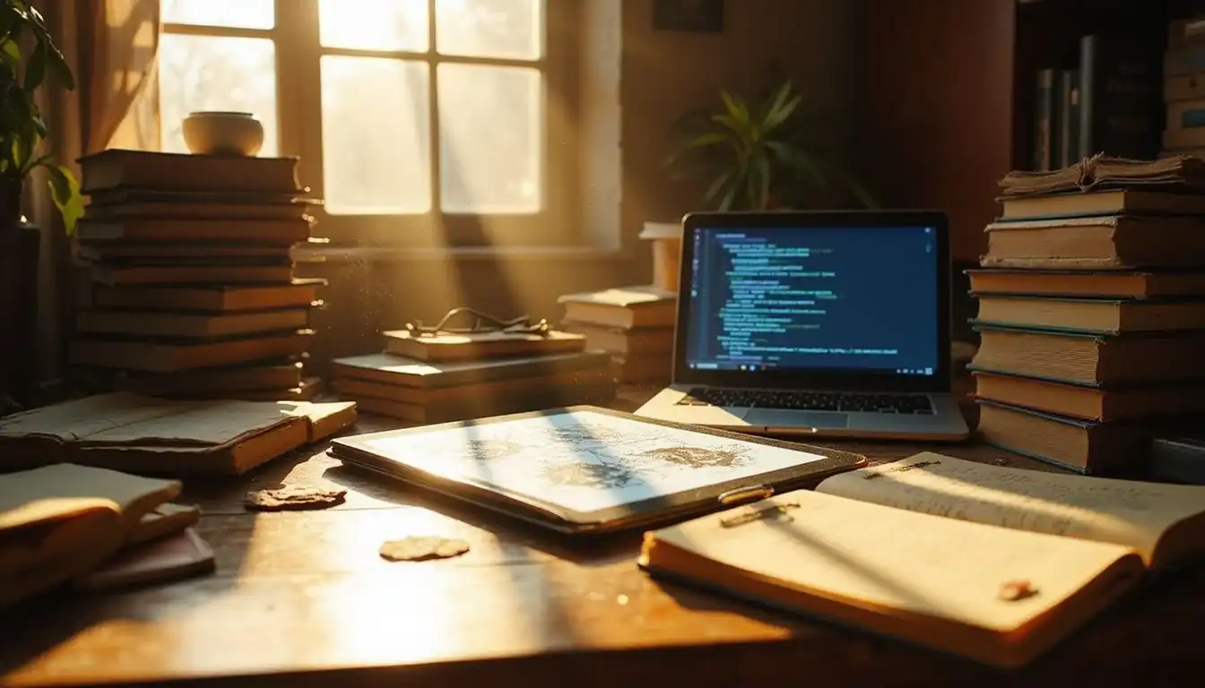 A cluttered desk brimming with creative tools and ideas. A cluttered desk brimming with creative tools and ideas.
