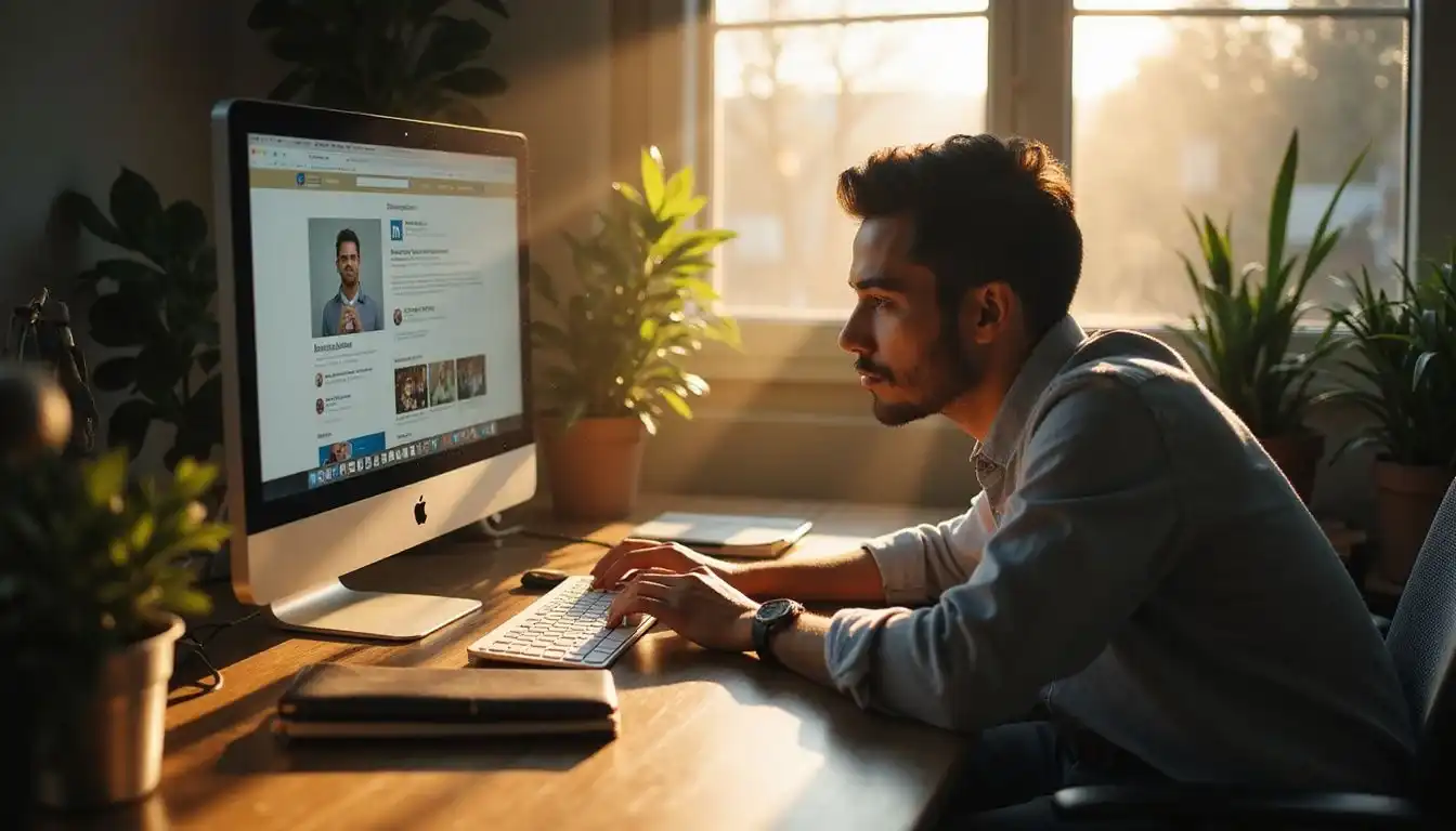 A focused individual engages with a vibrant workspace and digital platforms. A focused individual engages with a vibrant workspace and digital platforms.