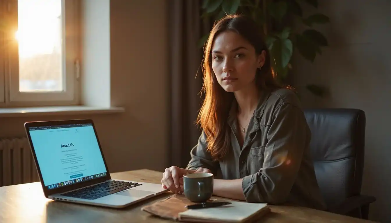 A woman exudes introspection and determination at her minimalist desk. A woman exudes introspection and determination at her minimalist desk.