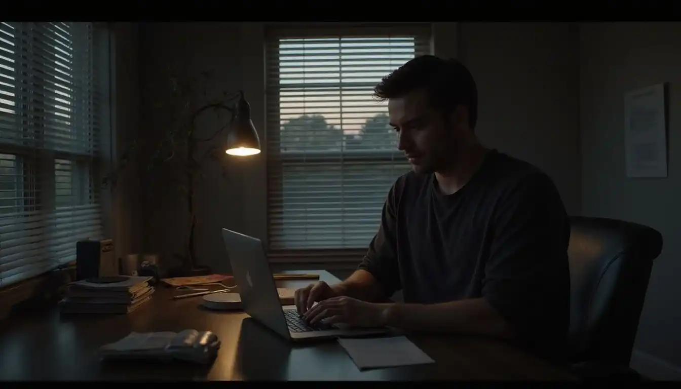 A focused individual types an email in a shadowy home office. A focused individual types an email in a shadowy home office.