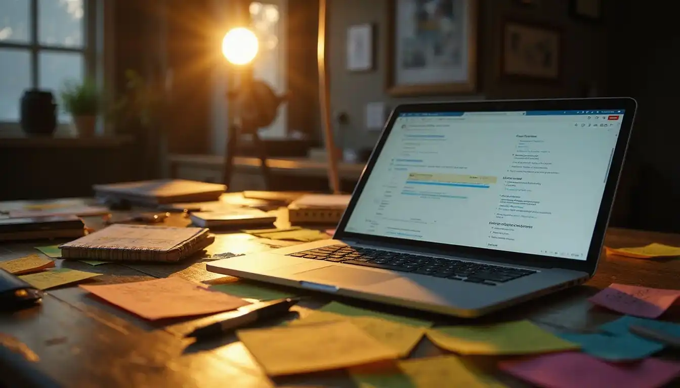 A focused individual prepares a job application amid organized chaos. A focused individual prepares a job application amid organized chaos.