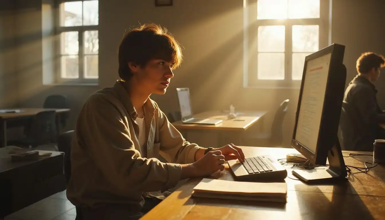 A focused college student explores internship opportunities in a career center. A focused college student explores internship opportunities in a career center.