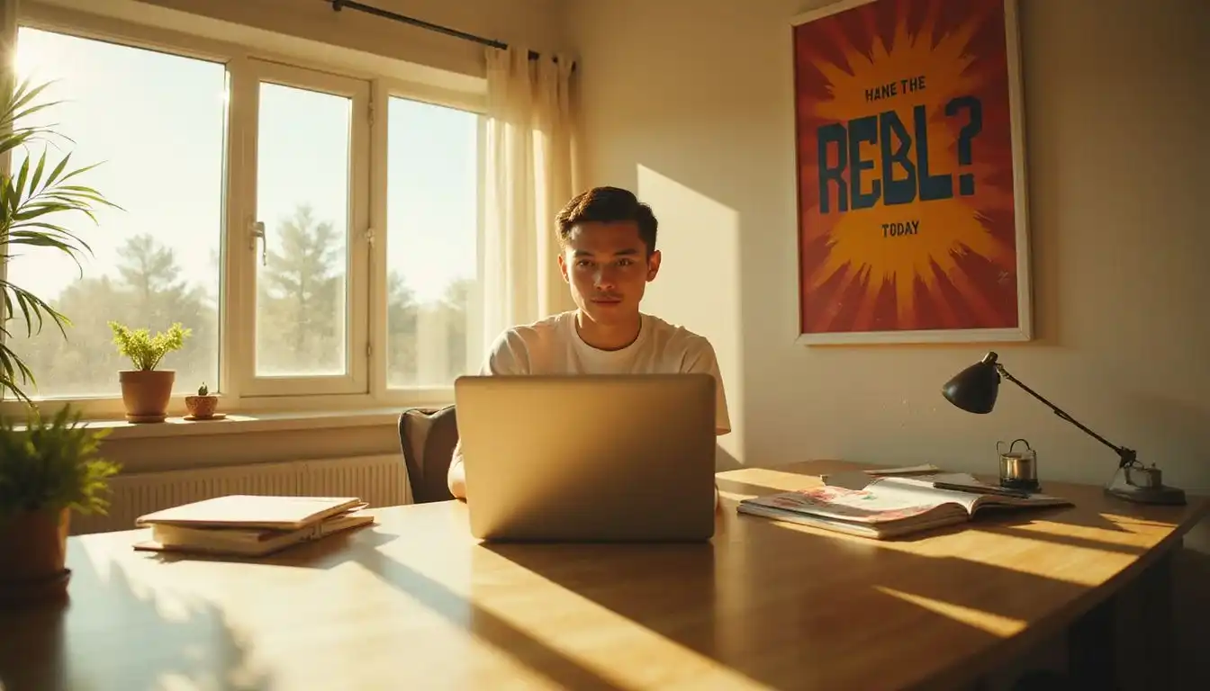 A serene home office features a focused individual and motivational art. A serene home office features a focused individual and motivational art.